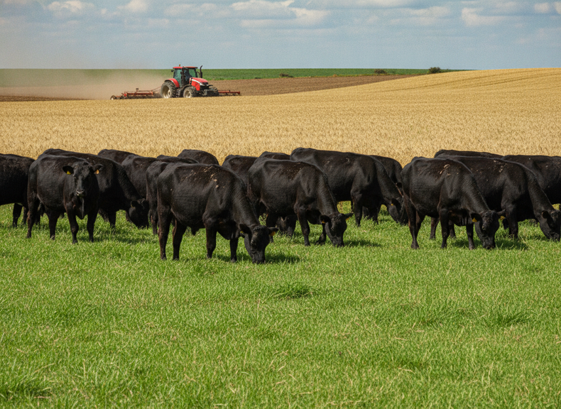 La integración agrícola-ganadera optimiza el uso de recursos para una producción más eficiente de carne y granos.