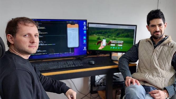 MV Sebastián Ayala (derecha) y el programador Maximiliano Genolet, creadores de la app de nutrición animal.