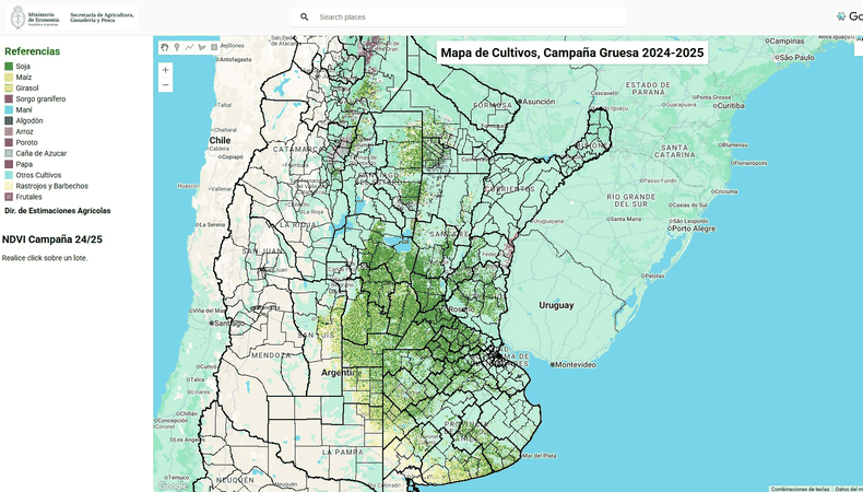 Visualización satelital de cultivos por región y campaña.